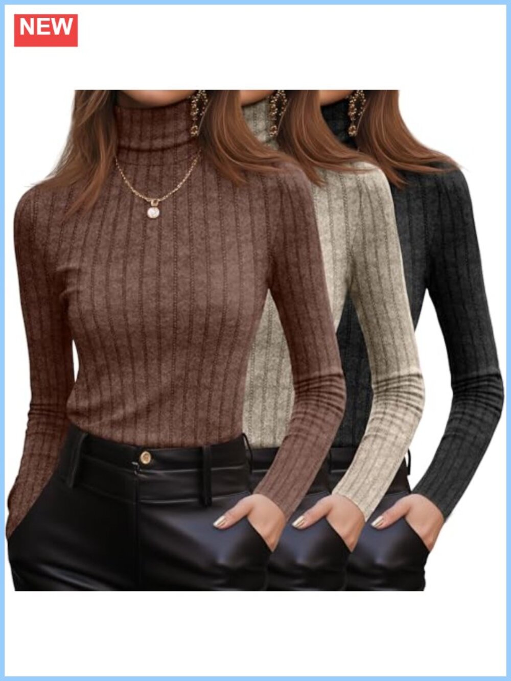 Women's Turtleneck Long Sleeve Ribbed Knit Pullover Sweater 3 Pack